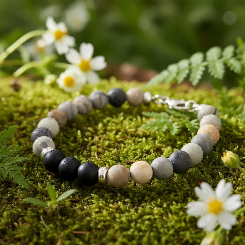 Stone beaded bracelet on moss.
