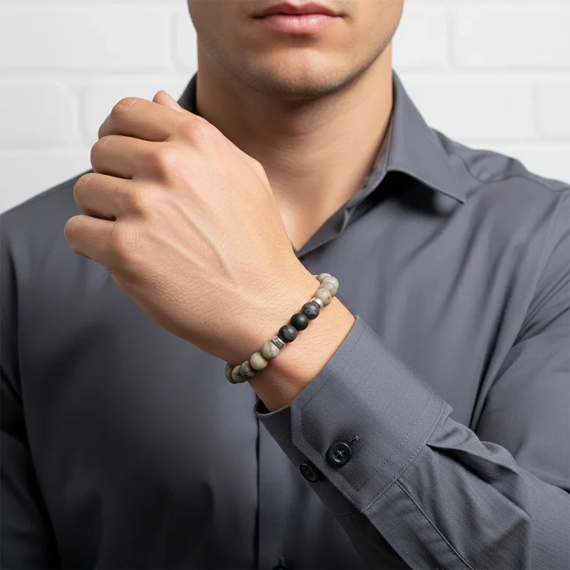 Men's gray & black stone beaded bracelet.