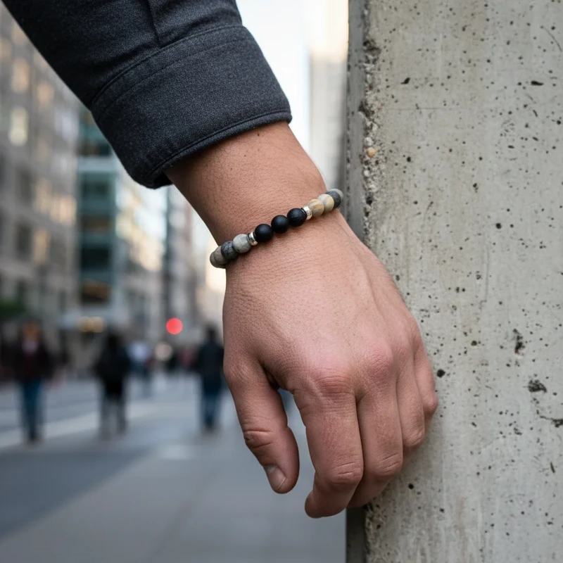 Men's beaded bracelet; gray, black, & beige stones.