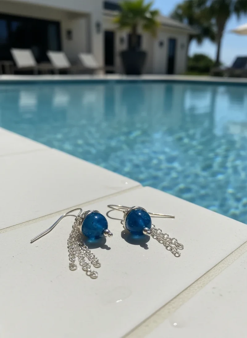 Teal blue glass & silver chain earrings.